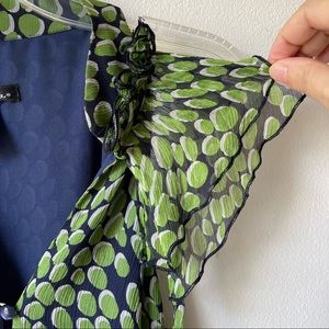 Marina Luna: Green floral sleeveless blouse/flutter collar detail ruched waist-M